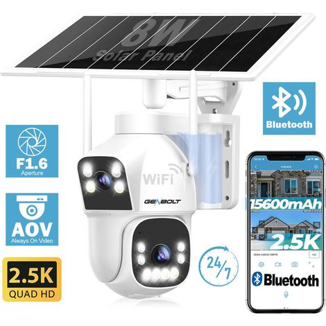 GENBOLT Solaire WiFi Caméra de Surveillance Extérieur AOV Enregistrement 24/7 à Batterie Rechargeable 8W 15600mAh Double Objectif