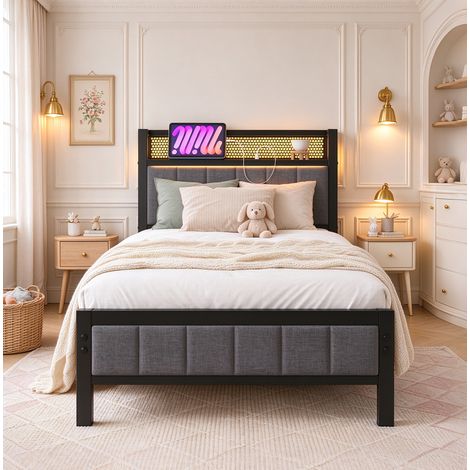 Lit 1 place 90x190 cm,cadre de lit sans matelas,Cadre de lit simple avec LED, station de charge et sommier à lattes, tête de lit, en métal,gris (1/5)