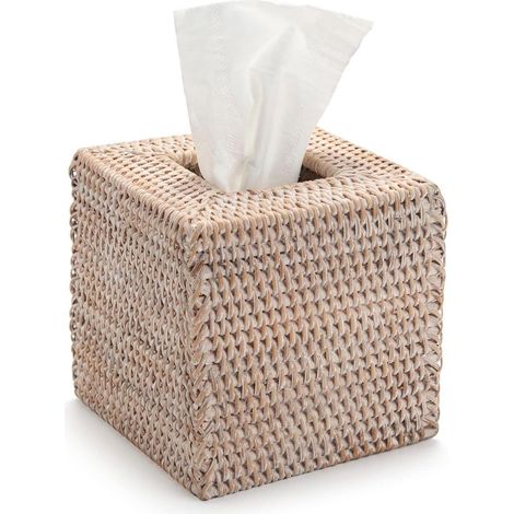 Kosmetiktücherbox aus Rattan, quadratisch, handgewebt, weiß (1/5)