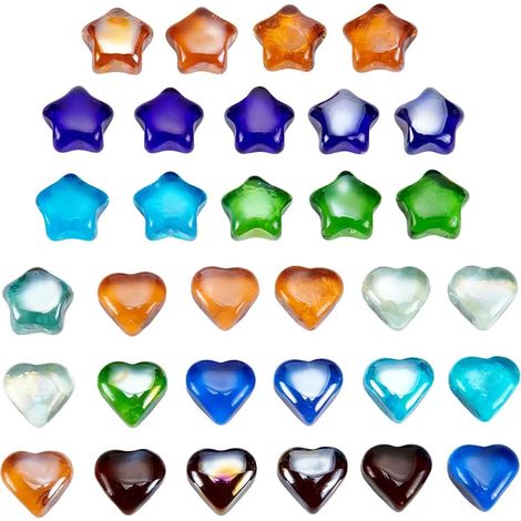 30pcs Pierres de Verre Marin, Galets en Verre Colorés en Forme de Cœur et d'Étoile, Cailloux de Remplissage pour Vase, Gravier d'Aquarium et de Réservoir à Poissons, 500g (1/5)