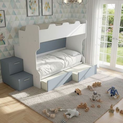 Letto a castello salvaspazio con scala a cassettoni e camminatoio - Bianco e Avio