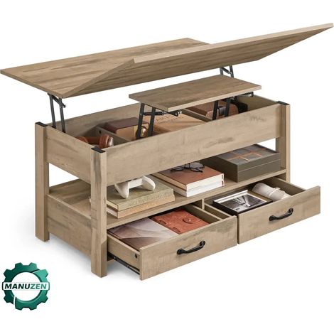 Manuzen - Table basse relevable avec rangement et 2 tiroirs – 100 × 50 cm — Marron camel (1/5)