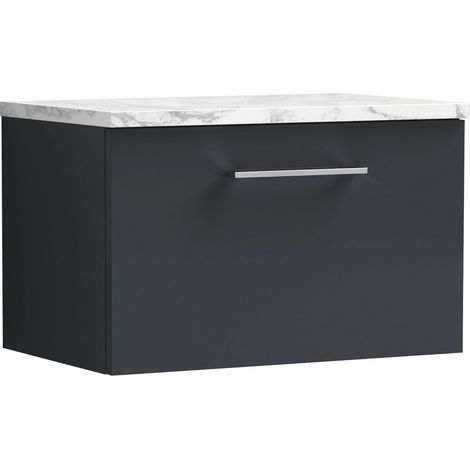 Nuie Arno Wall Hung 1-Drawer Vanity Unit with Carrera Marble Worktop 600mm Wide - Satin Anthracite (1/4)