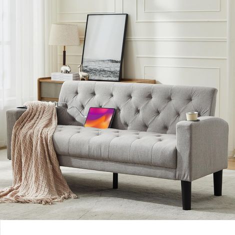 GRAVFORCE Canapé 2 Places Droit Style Moderne Gris Clair – Structure Bois Massif, Assise Confortable, avec Prise USB Intégrée pour Salon (1/5)