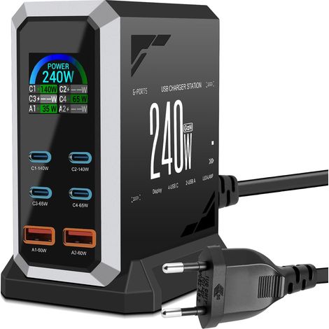 240W Multi-Port USB-C Charger, 6-Port Fast Charging Station with 4 USB-C Ports + 2 USB-A Ports for MacBook Pro/Air, iPad/iPhone 15 Pro/Samsung, etc.
