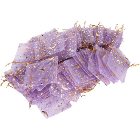 Ensemble de 100 jolis et délicats sachets à cordon en organza violet avec des motifs de lune et d'étoile, parfaits pour le savon, les bonbons et le rouge à lèvres. (1/5)