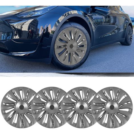(T04) (Vidéo disponible) 4 enjoliveurs de roue style Cyclone à 14 rayons pour Tesla Model Y 19 pouces (2020-2023) (Cyclone 1ère génération à 14 rayons) Gris anthracite (Surdimensionnés) (Surpoids) (1/5)