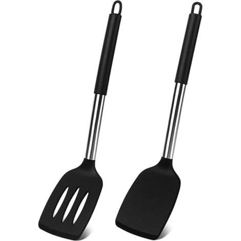 Mélangeur en silicone, 2 pelles solides en silicone, set de spatules fendues antiadhésives, ustensiles de cuisine résistants à haute température sans BPA, spatule noire pour poisson, œuf, crêpe (1/5)