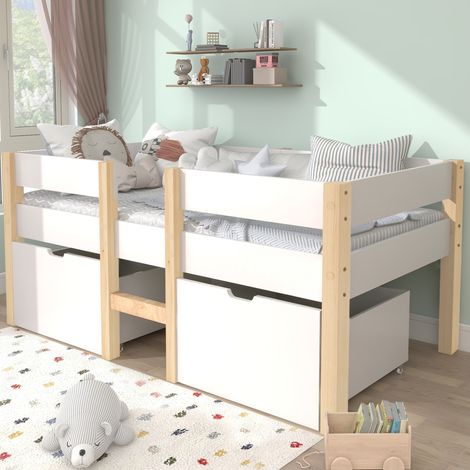 Letto per bambini in legno massello bianco 90x200 cm con cassetti, semialto con protezione anticaduta e rete inclusa (1/5)