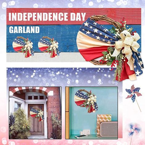 30 cm großer Türkranz für den 4. Juli, Patriots' Day und Veterans' Day, amerikanischer Blumengirlande mit Ranken und patriotischen Dekorationen. (1/3)
