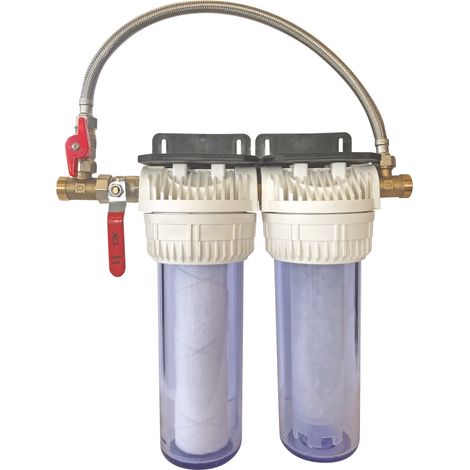 Filtre sous évier double avec cartouches filtration et anticalcaire – Débit 1,5 m³/h – Pression 4 bars – Compatible eau froide – Aquawater (1/6)