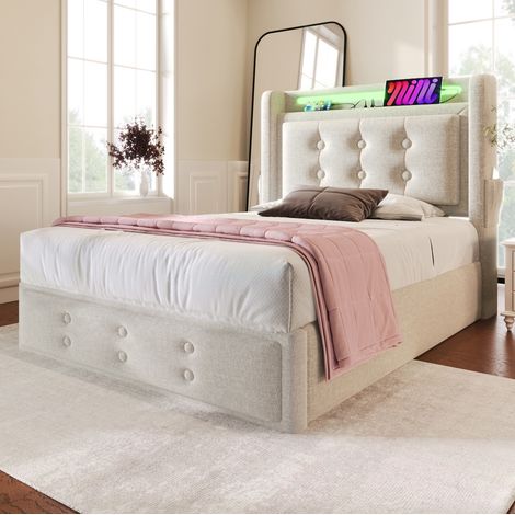 MEUBLIV Letto 90x200 cm beige – LED, USB-C e contenitore con materasso (1/5)