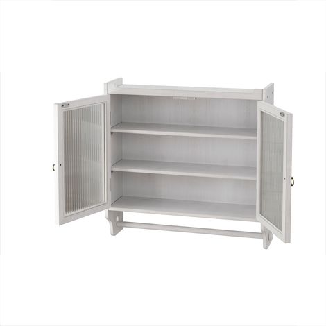 Armoire murale vintage à double porte vitrée de 60CM, avec trois niveaux de rangement et porte-serviettes, pour salle de bain, cuisine et salle à manger, blanc blanchi (1/5)