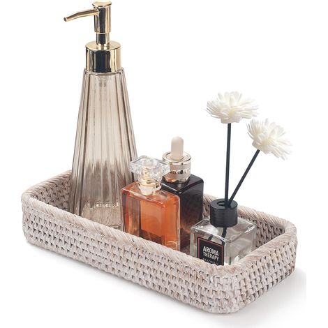 Plateaux Salle de Bain en Rotin Paniers de Rangement pour Toilettes Rectangulaire Blanc 26 x 12.5 x 4 cm (1/5)