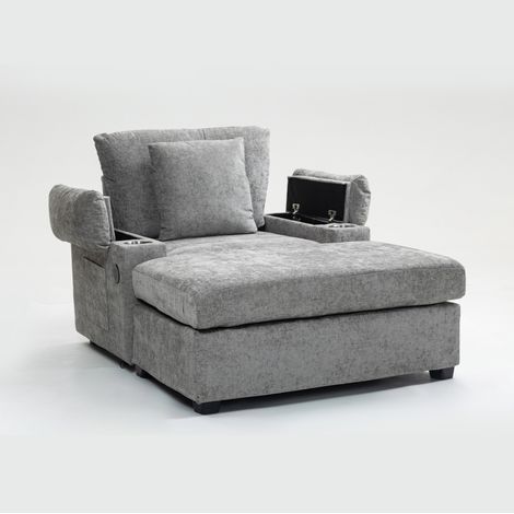 CHICFURN Chaise longue en tissu gris avec porte-gobelet, accoudoir de rangement et charge USB, fauteuil lounge ergonomique pour salon et bureau confort ferme (1/5)