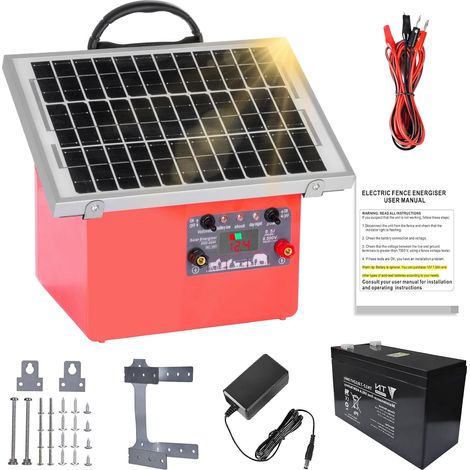32KM cloture electrique solaire cloture electrique, 9,5 kV berger électrique Contrôleur pour chevaux, clôture électrique 0,5 J pour élevage d'animaux de berger, pour ferme, pâturage, jardin (Red) (1/5)
