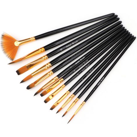 Set de 12 Pinceaux de Peinture Aquarelle Noir Nylon Haute Qualité pour Artistes, Brosse à Dessin, Cheveux Synthétiques, Kit Complet pour Toile et Papier. (1/5)