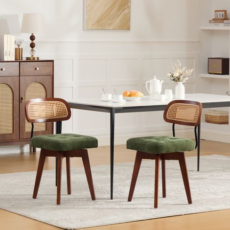 Lot de 2 chaises vertes en chenille avec dossier tressé, assise rembourrée et rotation à 360 pour salle à manger et chambre (1/5)
