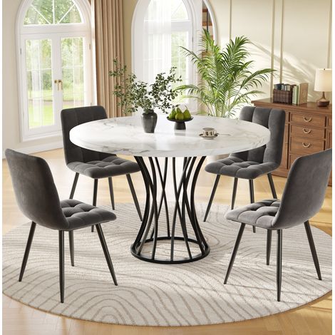 Esstisch-Set (5 Teile), Esstisch-Set mit 4 Stühlen, modernes Küchentisch-Set, runder Küchentisch 80 cm Durchmesser, schwarze Beine, weiß marmorierte Tischplatte, graue Samt-Esszimmerstühle (1/5)