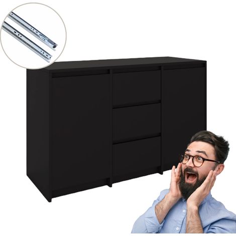 Cómoda de 3 cajones y 2 puertas, negra, sin tiradores, 120 x 75,2 x 43 cm (1/5)