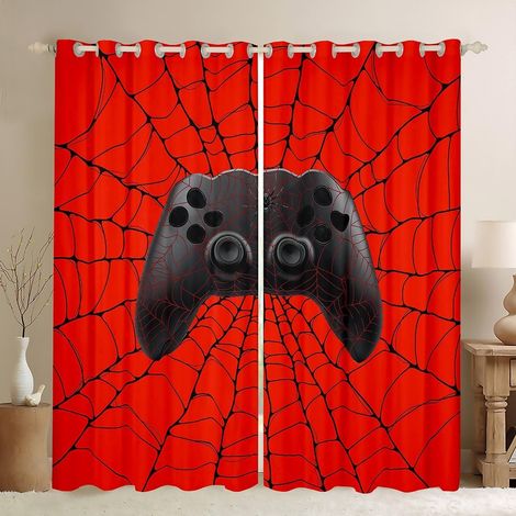 Rideau de fenêtre pour garçons Gamer Halloween Araignée Web Rideaux de fenêtre pour filles garçons Contrôleur de jeu vidéo Rouge Noir Rideaux de traitement de fenêtre pour salon, taille S - 137x117cm (1/5)