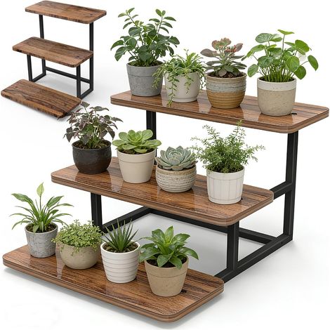 Support Plante en Métal Bois, 3 Étagen Meuble Porte Plante pour Plusieurs Plantes, Support Pot de Fleur le Balcon du Jardin, Salon, Bureau, Intérieure, Extérieur (1/5)