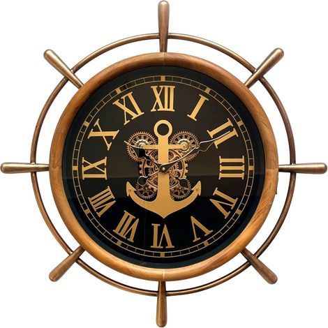 Wanduhr Steuerrad aus Metall schwarz und golden 80 cm (1/5)