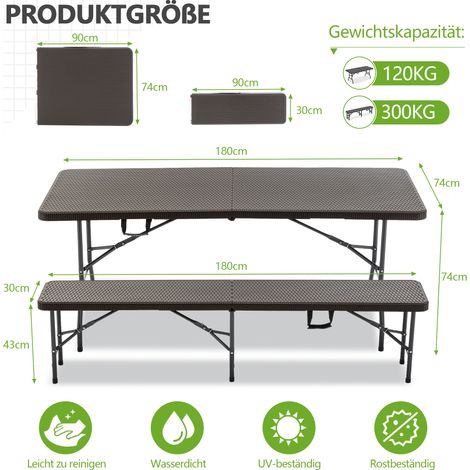Table de camping pliante 180 cm avec 2 bancs intégrés, ensemble 3 pièces, plateau imitation bois en HDPE, sécurisée par verrouillage, résiste aux UV et à l'eau, marron