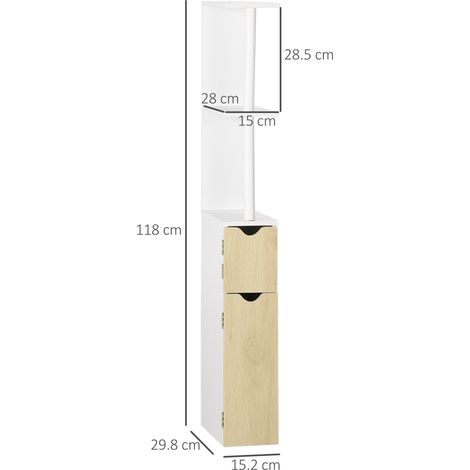 Étagère de rangement de salle de bain de style colonne (avec 2 étagères et 2 armoires), armoire haute peu encombrante (15,2 x 29,8 x 118 cm), blanche et couleur bois.