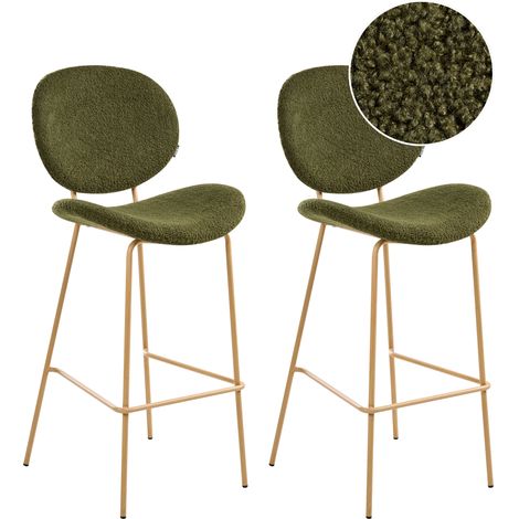 Conjunto de 2 sillas de bar bouclé patas hierro imitación madera tapas sin reposabrazos diseño retro asientos comedor verde oscuro Luana