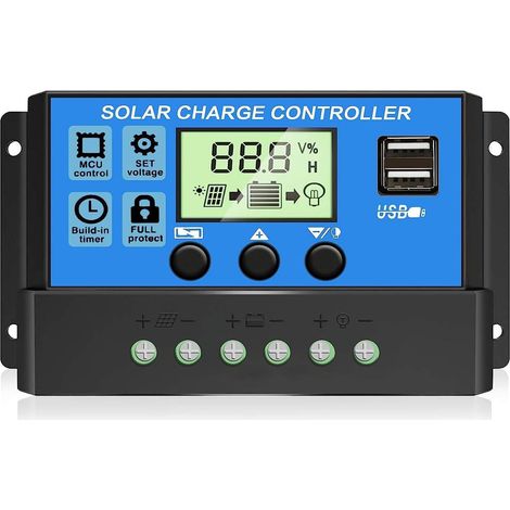 Contrôleur de Charge Solaire PWM 30A, 12V 24V Double USB Onduleur Panneau Solaire Intelligent de Batterie avec écran LCD, Réglage Automatique des Paramètres/Minuterie, Plusieurs Modes de Contrôle (1/5)
