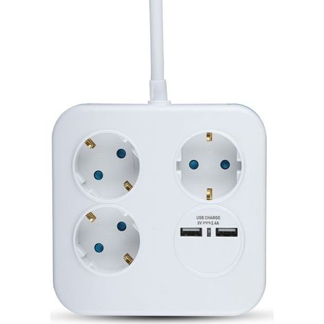 V-TAC Adapters & Sockets - 3 Ways - Square USB Extension Socket - IP20 - White - 1.4 m wire