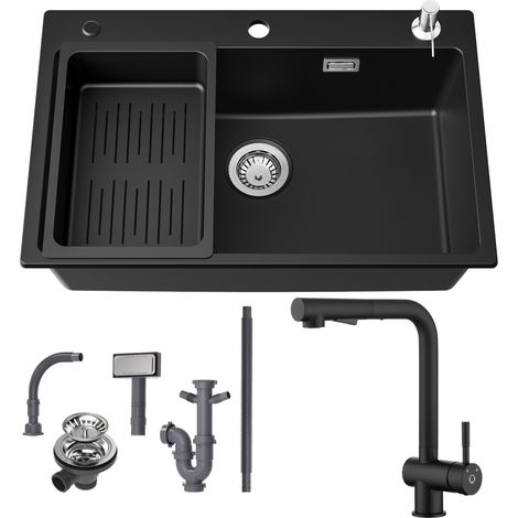 Lavello in granito 70×45 cm + miscelatore cucina estraibile (altezza 312 mm), lavello da appoggio con cestello scolapiatti e dispenser di sapone (1/5)