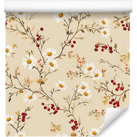 Papier peint Daisy crème, beige, or et rouge pour salon et chambre 50x1000 (1/5)