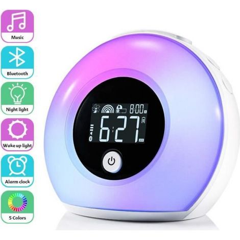 Réveil Lumineux Enfant - Haut-Parleur Bluetooth - 5 Couleurs Éclairage - 4 Niveaux Luminosité - 3 Sons Naturels - 1 Pièce (1/4)