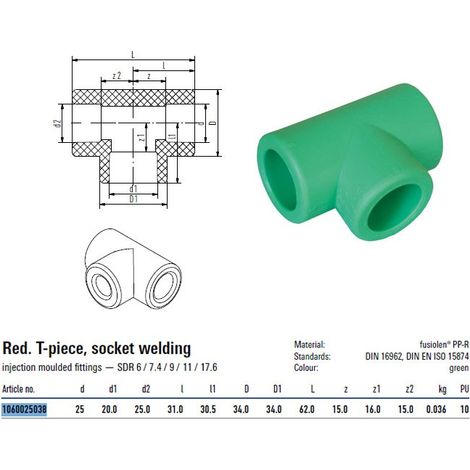 Raccordo a T diametro 25x20x25mm verde per tubi Aquatherm 1060025038