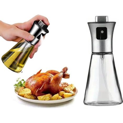 Atomizador de aceite de alta calidad，Elegante pulverizador de aceite de vidrio y acero inoxidable，Capacidad de 200 ml，Diseño cónico plateado (1/5)