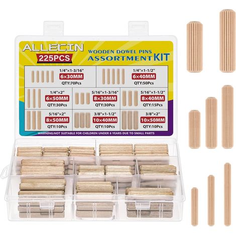 8 Values Wood Dowel Kit 8MM 6MM 10MM Grooved Wood Trunnion M6 M8 M10 Assorted Dowels for Furniture Woodworking DIY Crafts (Pack of 225) (1/5)