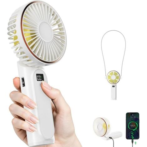 Tragbarer Mini-Ventilator, 180° faltbar, LCD-Display, extrem leise, 4000-mAh-Akku, mit Kabel – Weiß