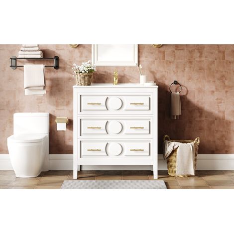 Armoire salle de bain blanche 81x46,5cm avec bassine céramique,meuble rétro autoportant à 3 tiroirs fermeture douce et poignées métalliques.