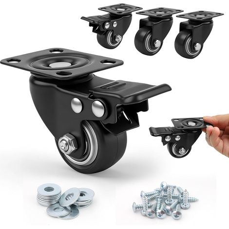 Lot de 4 petites roulettes pivotantes en caoutchouc de 38 mm pour meubles avec capacité totale de 90 kg (2 roulettes pour meubles avec frein et 2 sans frein) (1/5)