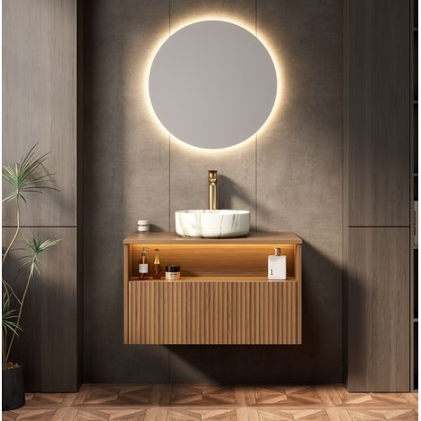 Mobile lavabo sospeso 80 cm minimalista, rovere marrone, lavabo in ceramica bianca, 1 cassetto e ripiano aperto LED (1/5)