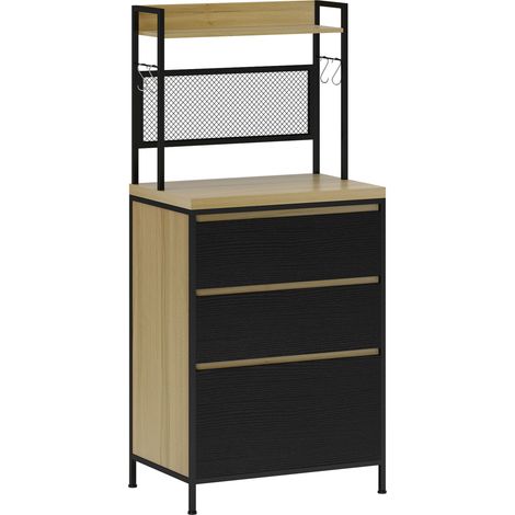 Armoire cuisine design industriel avec 3 tiroirs, plan de travail, étagère et 4 crochets, 60x40x132cm (1/5)