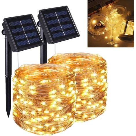 Guirlande lumineuse solaire d'extérieur, [Lot de 2] 12 m, 100 LED, 8 modes d'éclairage, étanche, fil de cuivre décoratif pour jardin et balcon.-AquaForge (1/5)