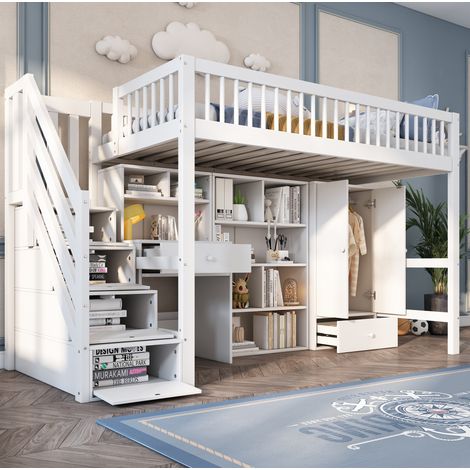 Letto rialzato bambini 90x200 cm con scrivania, scala contenitore, vano portaoggetti e armadio, in legno bianco, materasso non incluso (1/5)