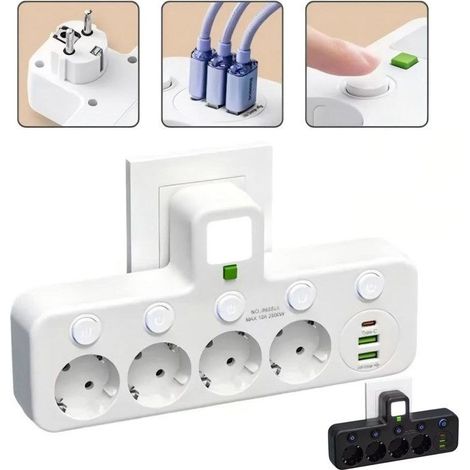Multiprise Murale avec 4 Prises 2 USB-A 1 Type-C, Interrupteur Individuel, pour Chambre Cuisine Bureau (1/5)
