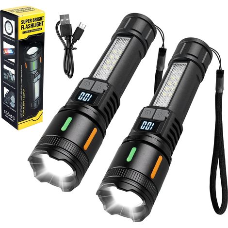 2er-Pack ultra-leistungsstarke LED-Taschenlampen, wiederaufladbare Taschenlampen, extrem lichtstarke Taschenlampen, USB-wiederaufladbare Taschenlampen mit Zoom, für Camping, Wandern, Notfälle [Energie