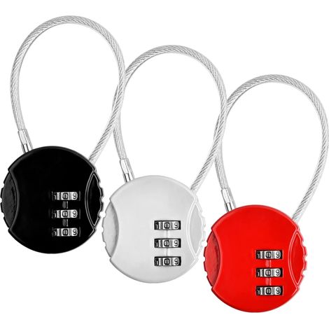 Lot de 3 cadenas à combinaison, cadenas à code à 3 chiffres pour bagages, cadenas de sécurité avec câble flexible pour valise (1/4)