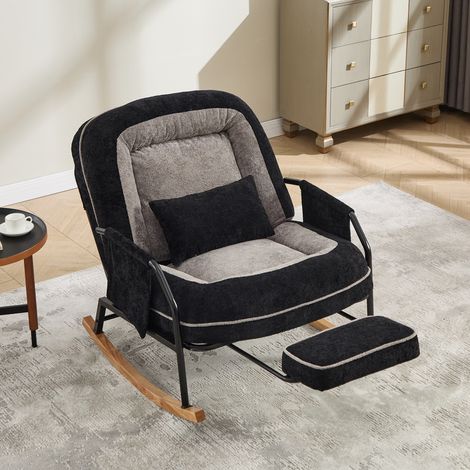 Fauteuil à bascule surdimensionné pour patio avec repose-pieds, poche latérale, coussin rembourré, dossier réglable, style ferme en bois, intérieur/extérieur, salon, chambre, balcon, fausse fourrure, (1/5)