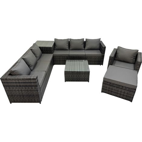 Fimous 8 Seater Garden Outdoor Rattan Furniture Set Patio Corner Sofa Coffee Table with Side Table Big Stool Dark Grey (1/5)